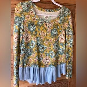Anthropologie Lilka yellow  blue floral long sleeve peplum ruffled top Size S